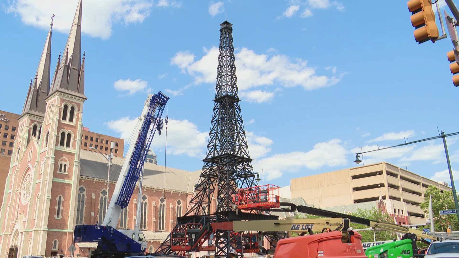 The 66-foot, 14,000-pound steel replica is about 1/16th of the actual size of the tower in Paris.