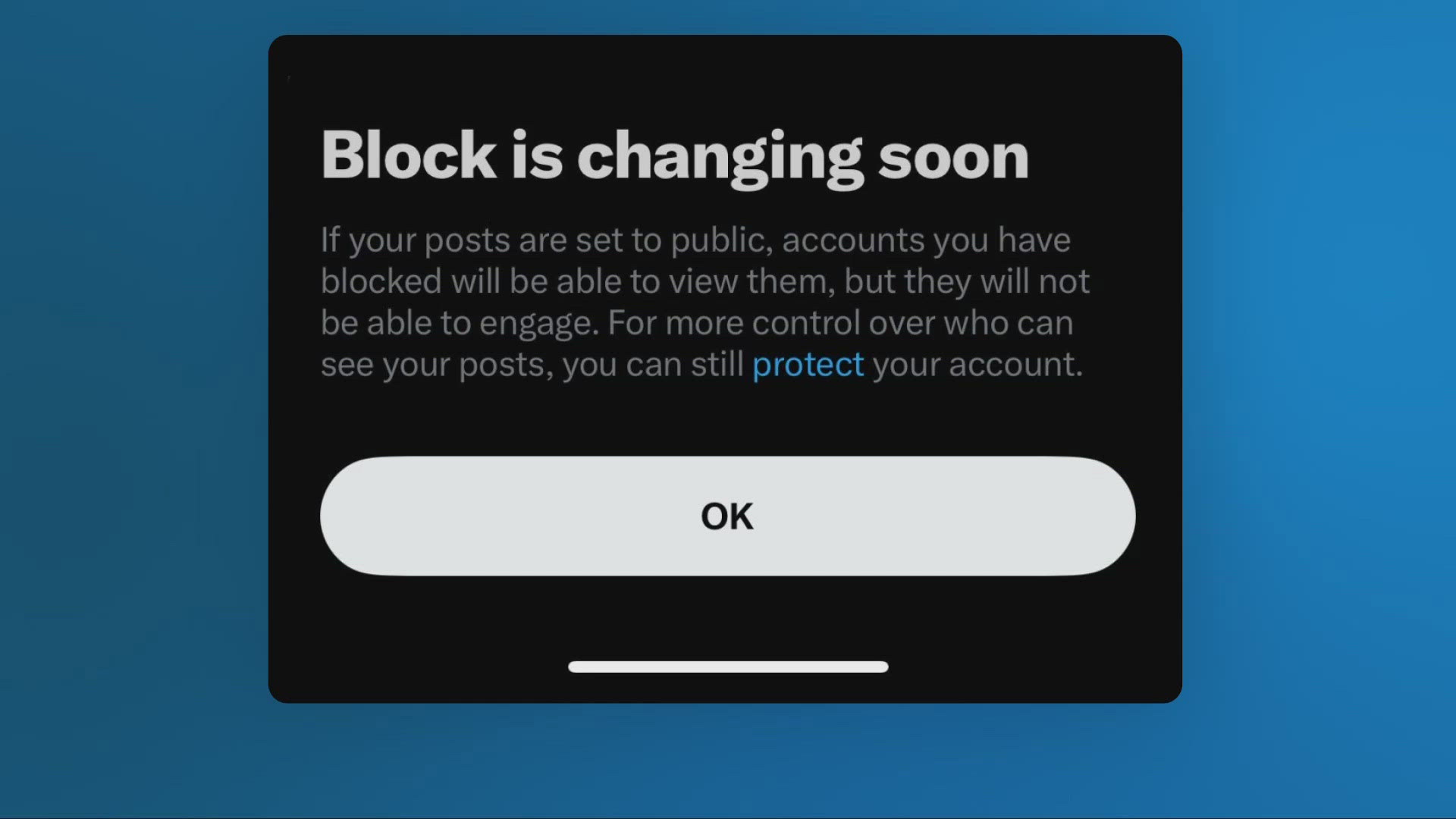 The platform says soon blocked accounts will be able to see your posts, but not engage with them.