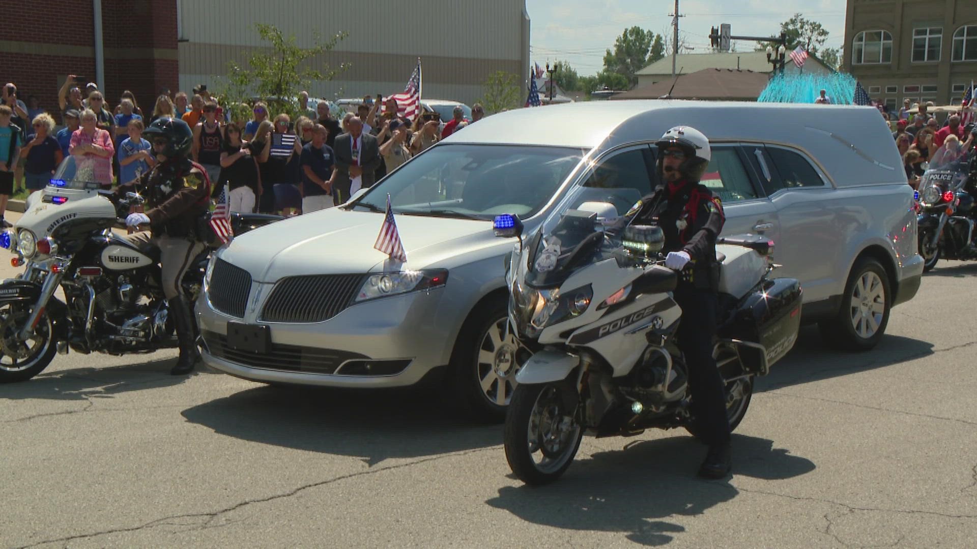 Fallen Officer Noah Shahnavaz was given his final 10-42 call of service outside the Elwood Police Department.
