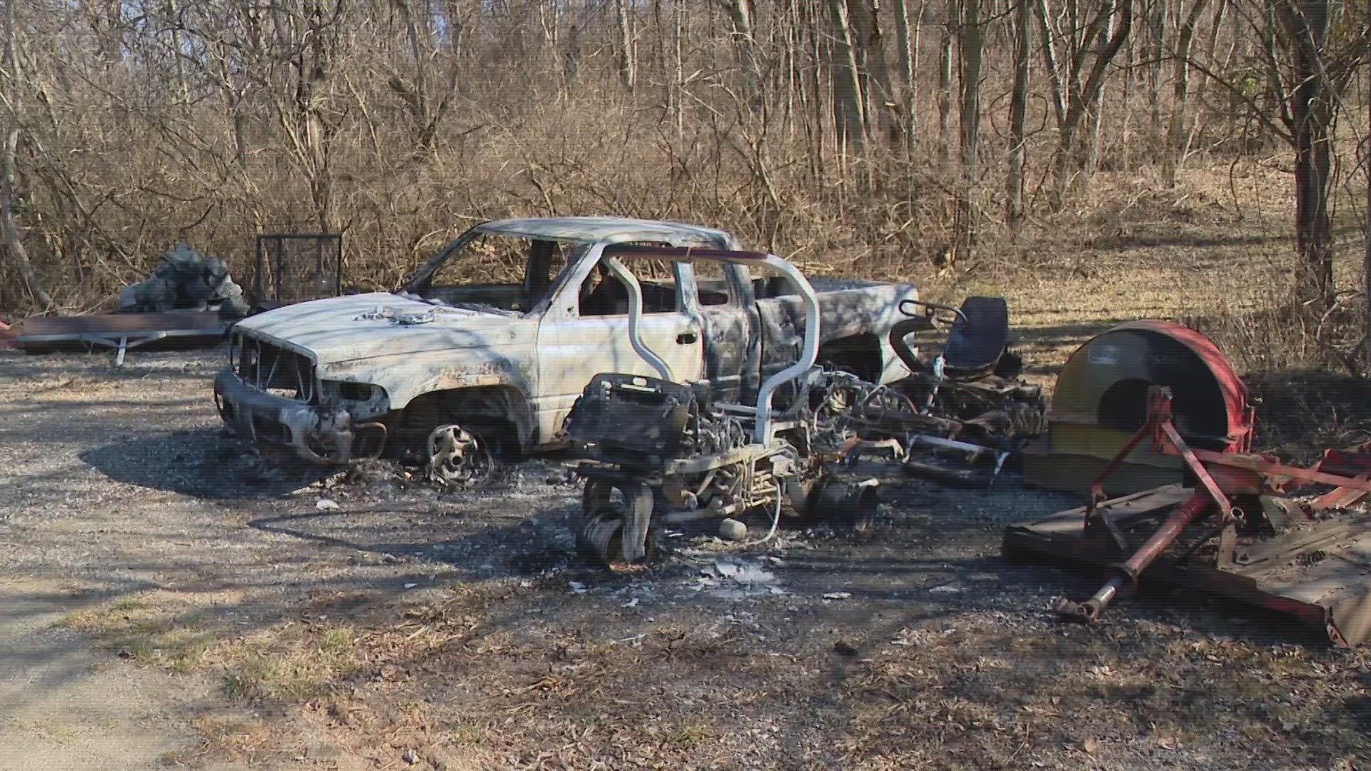 Survellience video at Bluff Creek Golf Course captures the moment that pick up truck and two mowers burst into flames shortly after 5am Sunday morning.