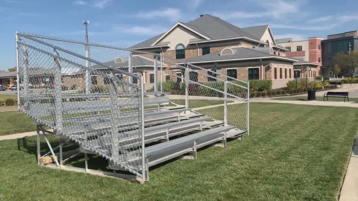 Bleachers set up outside ahead of Fishers City Hall demolition