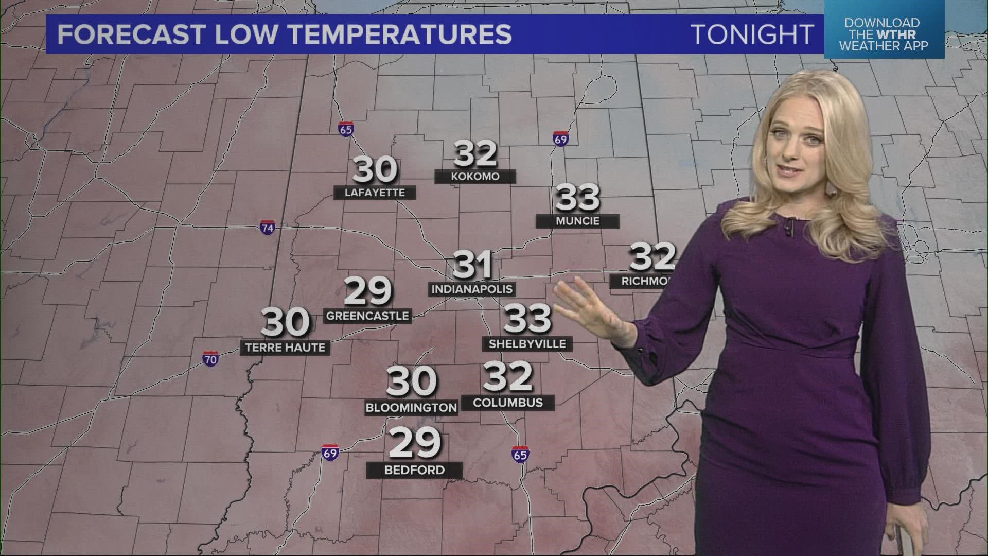 Snow is falling in the northern part of Indiana, while much of central Indiana is under a Freeze Warning overnight.