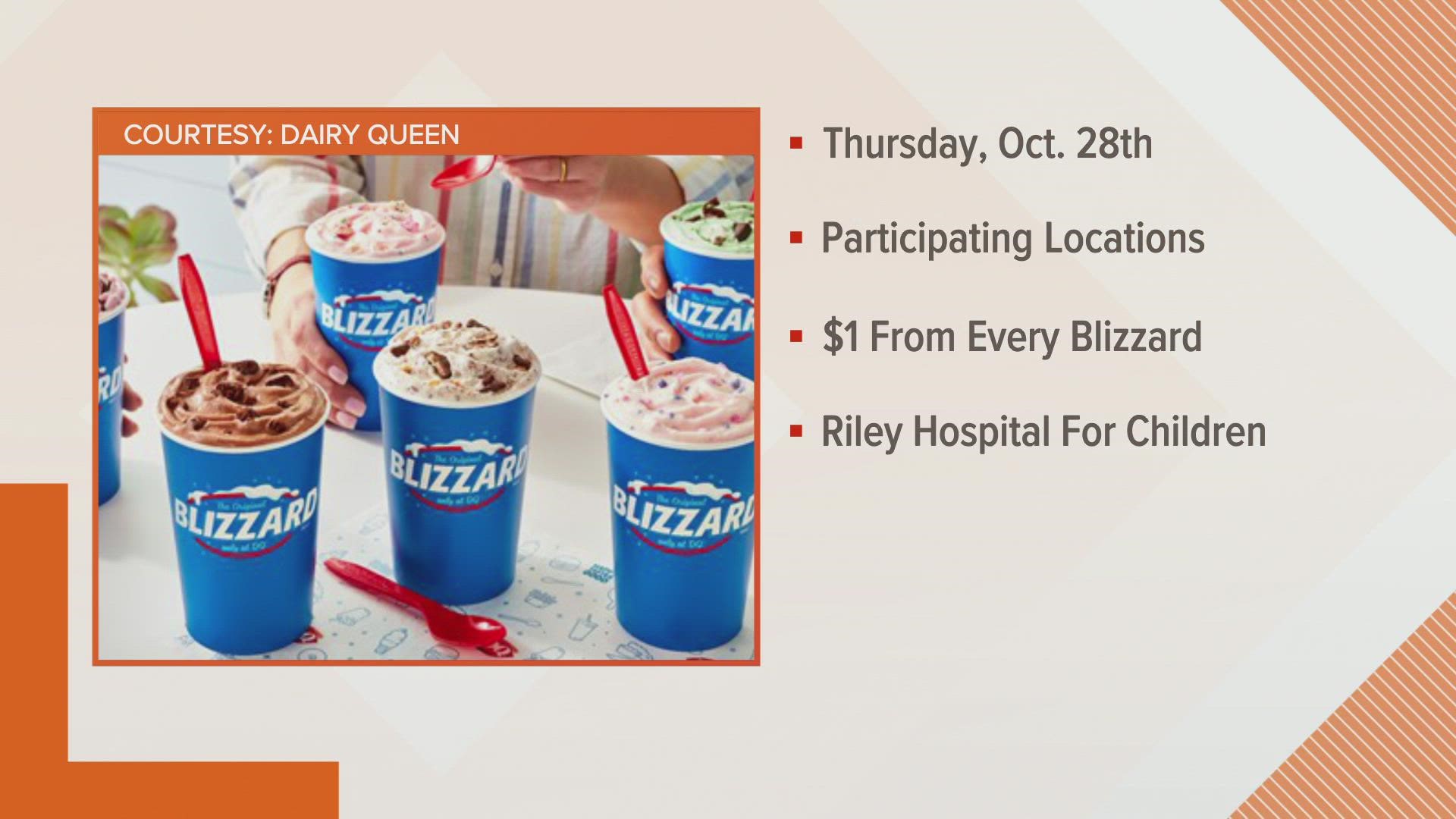 Participating Dairy Queen locations around the area will donate $1 or more for every Blizzard purchased Oct. 28.