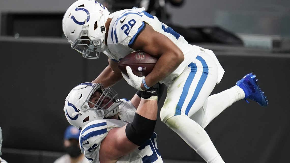 Indianapolis Colts T.Y. Hilton (left)celebrates scoring his side's