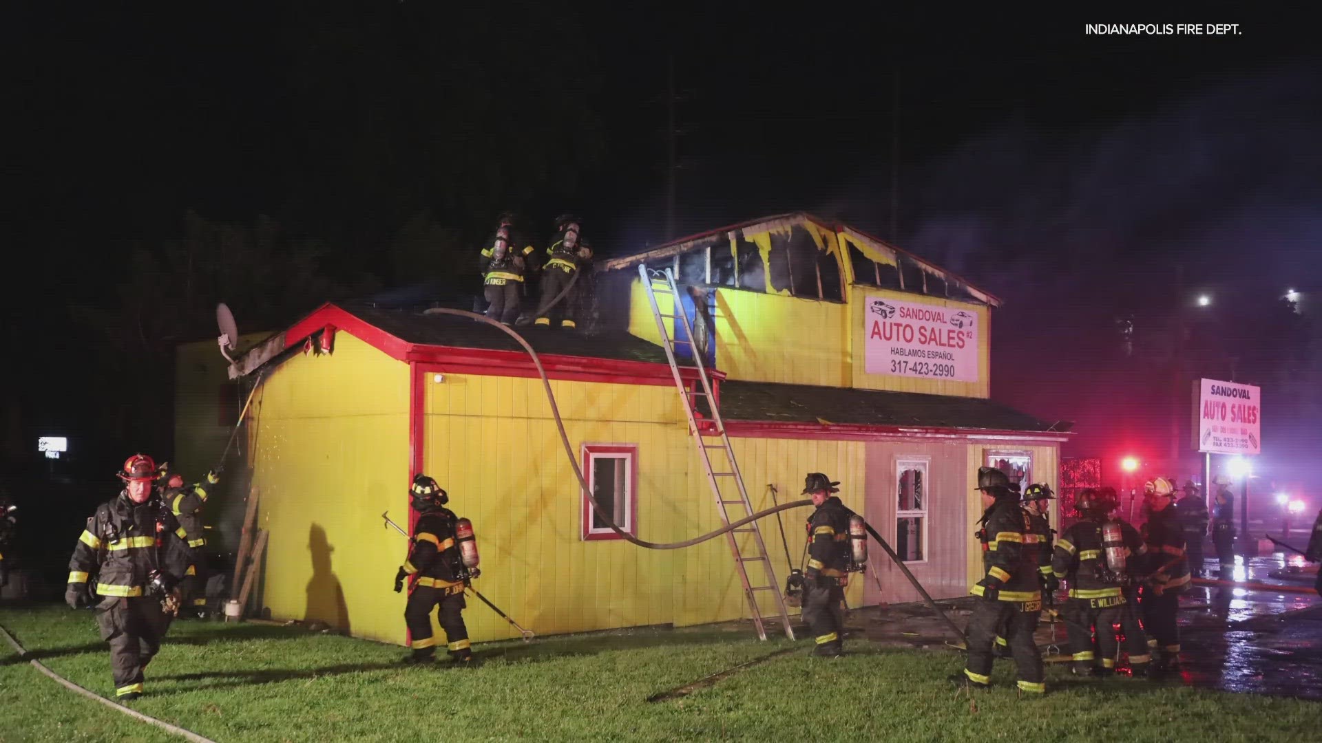 No injuries were reported in the fire at Sandoval Auto Sales late Friday.