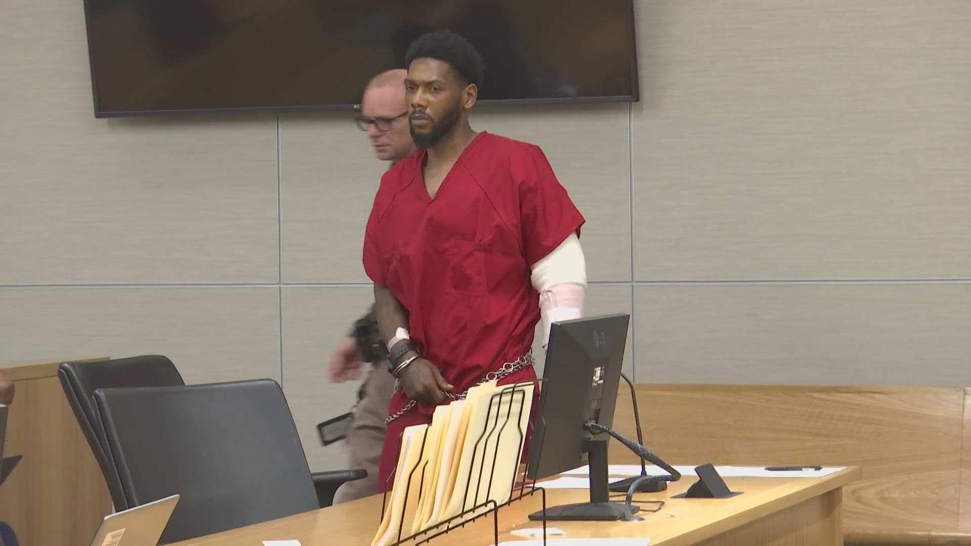 31-year-old Dontriell Hood walked into the courtroom with his left arm completely wrapped. Hood is charged with criminal recklessness, a felon with a gun, and more.