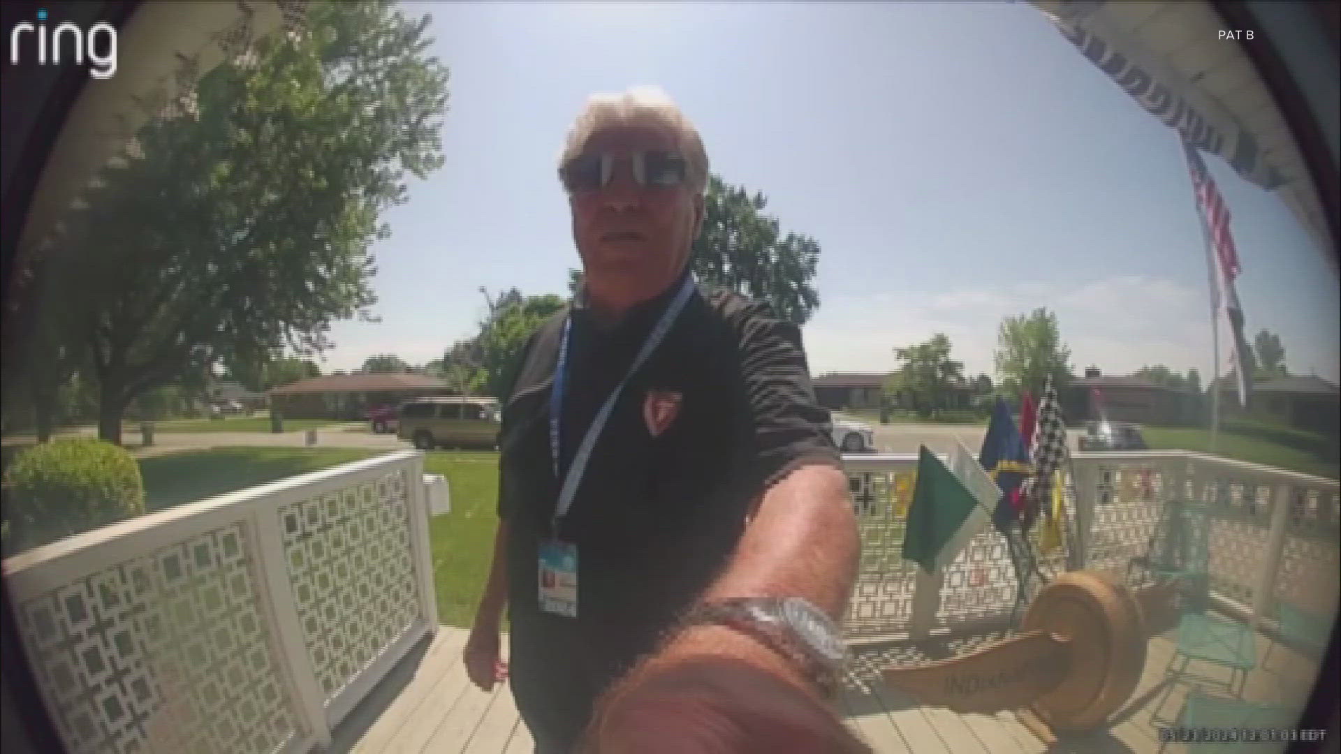The fan missed the racing legend's visit, but it was captured on a security camera.