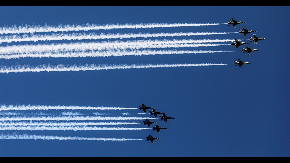 blue angels and thunderbirds fly together 219