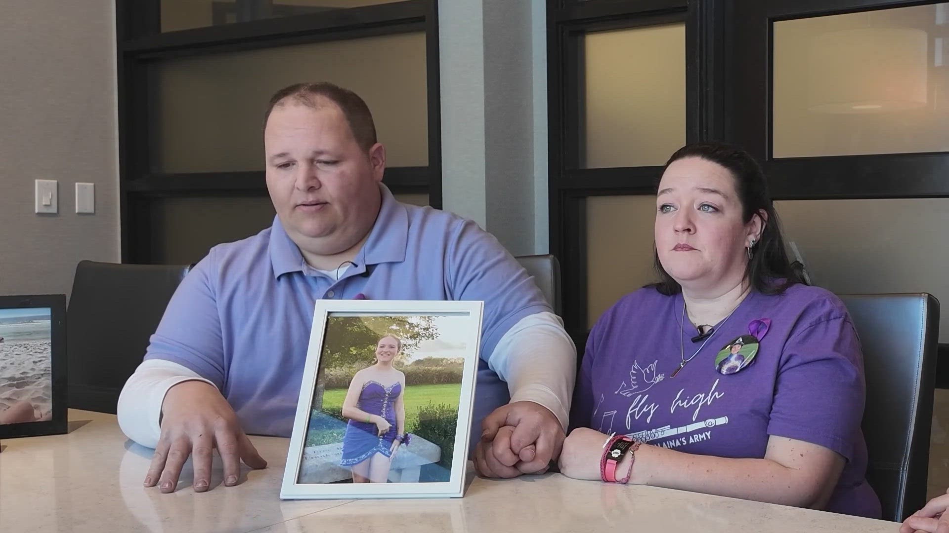 13News reporter Jennie Runevich speaks with the parents of Alaina Dildine after filing a lawsuit against Whiteland schools after her drowning death.