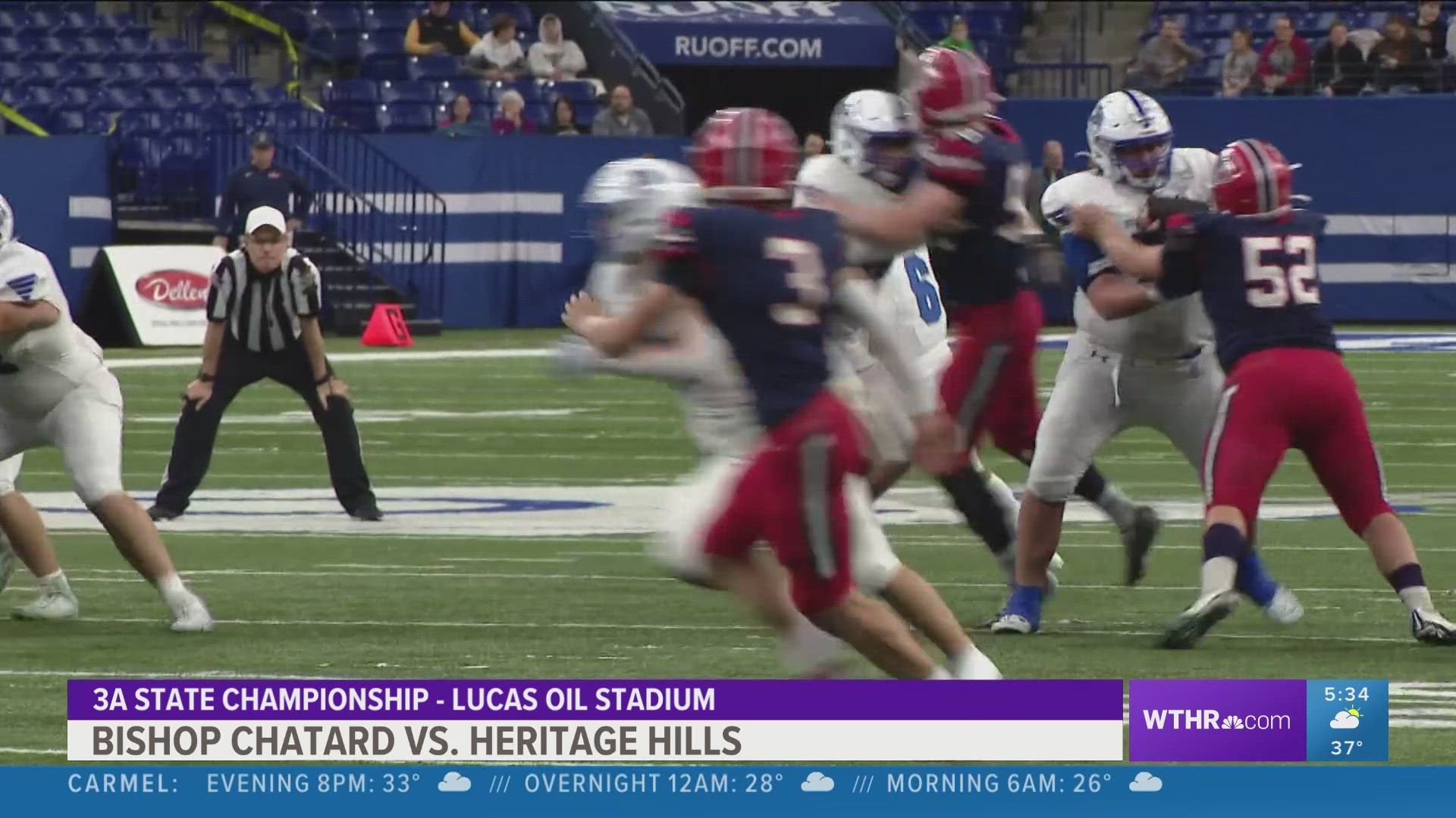 13Sports reporter Dominic Miranda reports from Lucas Oil Stadium where Bishop Chatard beat Heritage Hills 35-7 on Friday.
