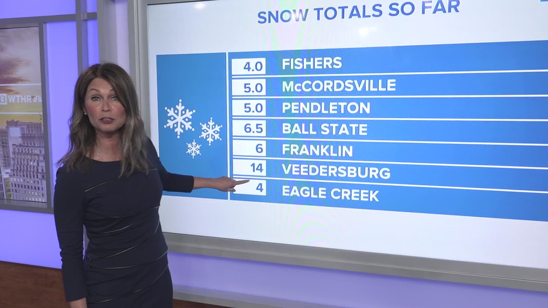 West Lafayette has seen a foot of snow, while Indianapolis has gotten a little over four inches.