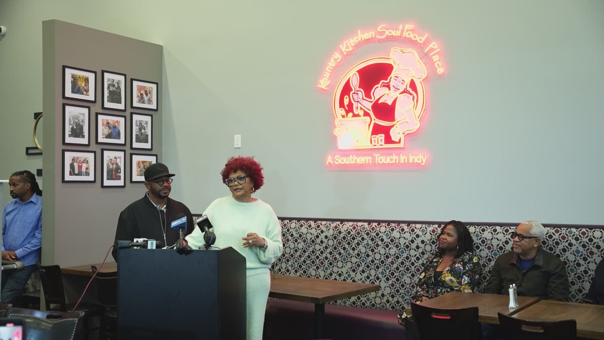 13News anchor and reporter Felicia Lawrence talks with the owners of Kountry Kitchen as the restaurant reopens after a 2020 fire.