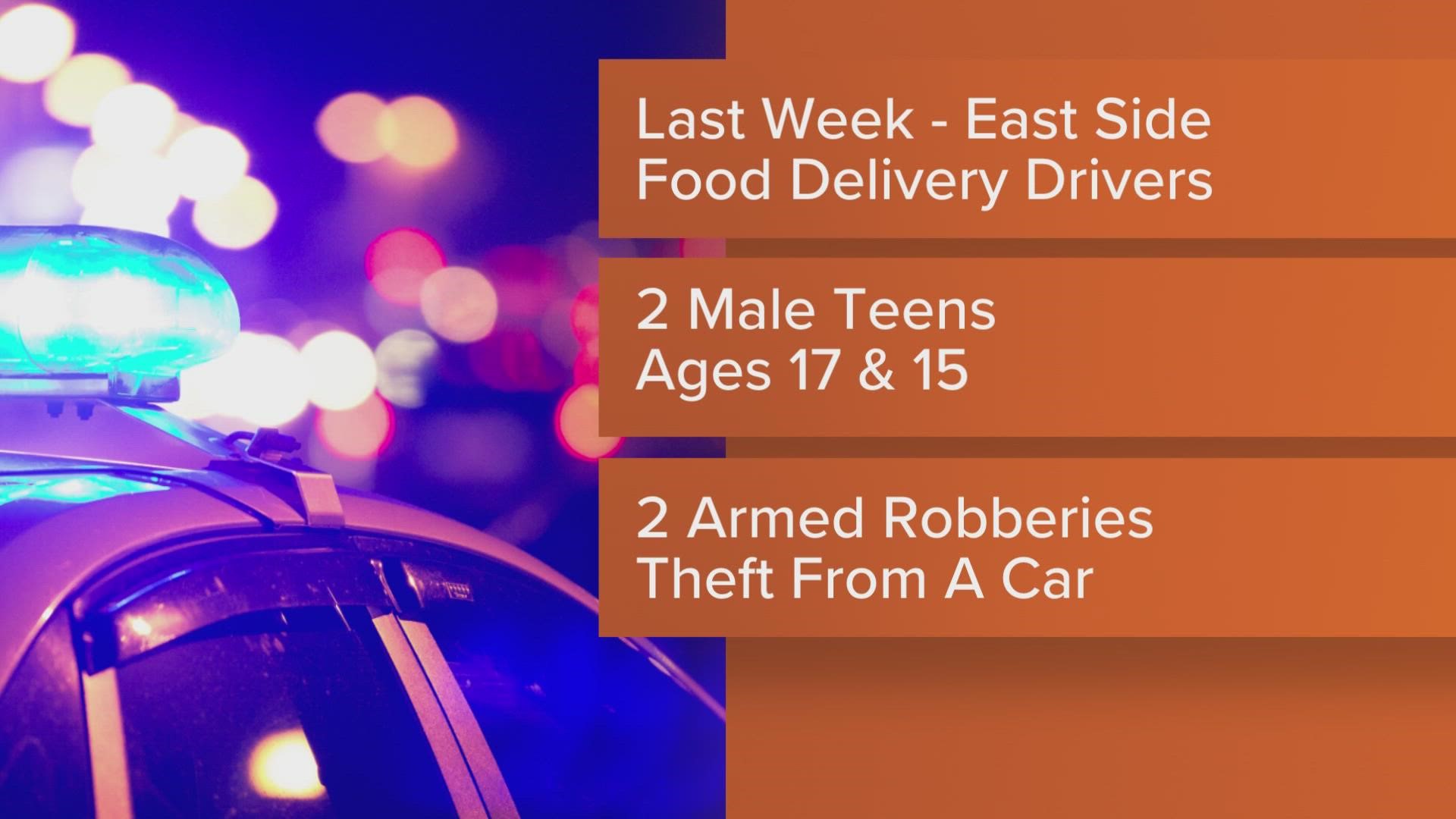 Two teenagers were arrested last week for their alleged roles in two armed robberies of food delivery drivers on Indianapolis' east side, IMPD announced Thursday.