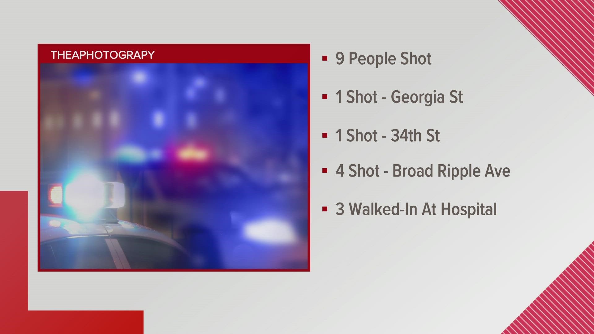 IMPD is investigating a rash of shootings during the overnight and early morning hours Sunday that sent nine people to area hospitals with gunshot wounds.