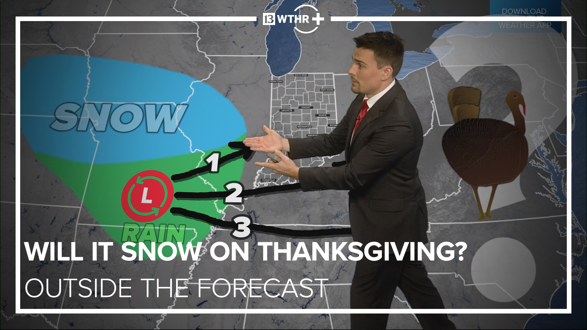 A low pressure system will form in the Ozarks and then track toward the Ohio River. Depending on its track, the rain - snow line may be somewhere over Indiana.