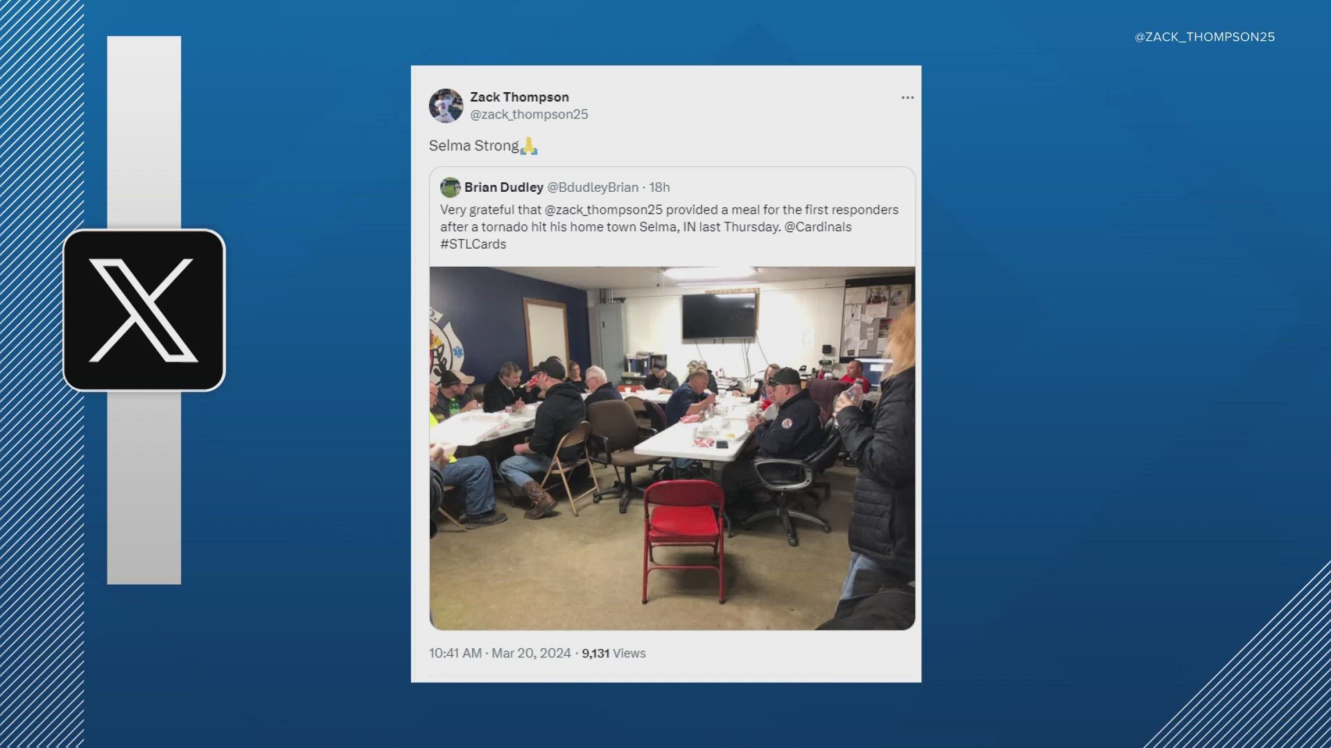 A post from X shows Zack bought a meal for first responders helping with the clean-up. Zack reposted with the phrase "Selma Strong."