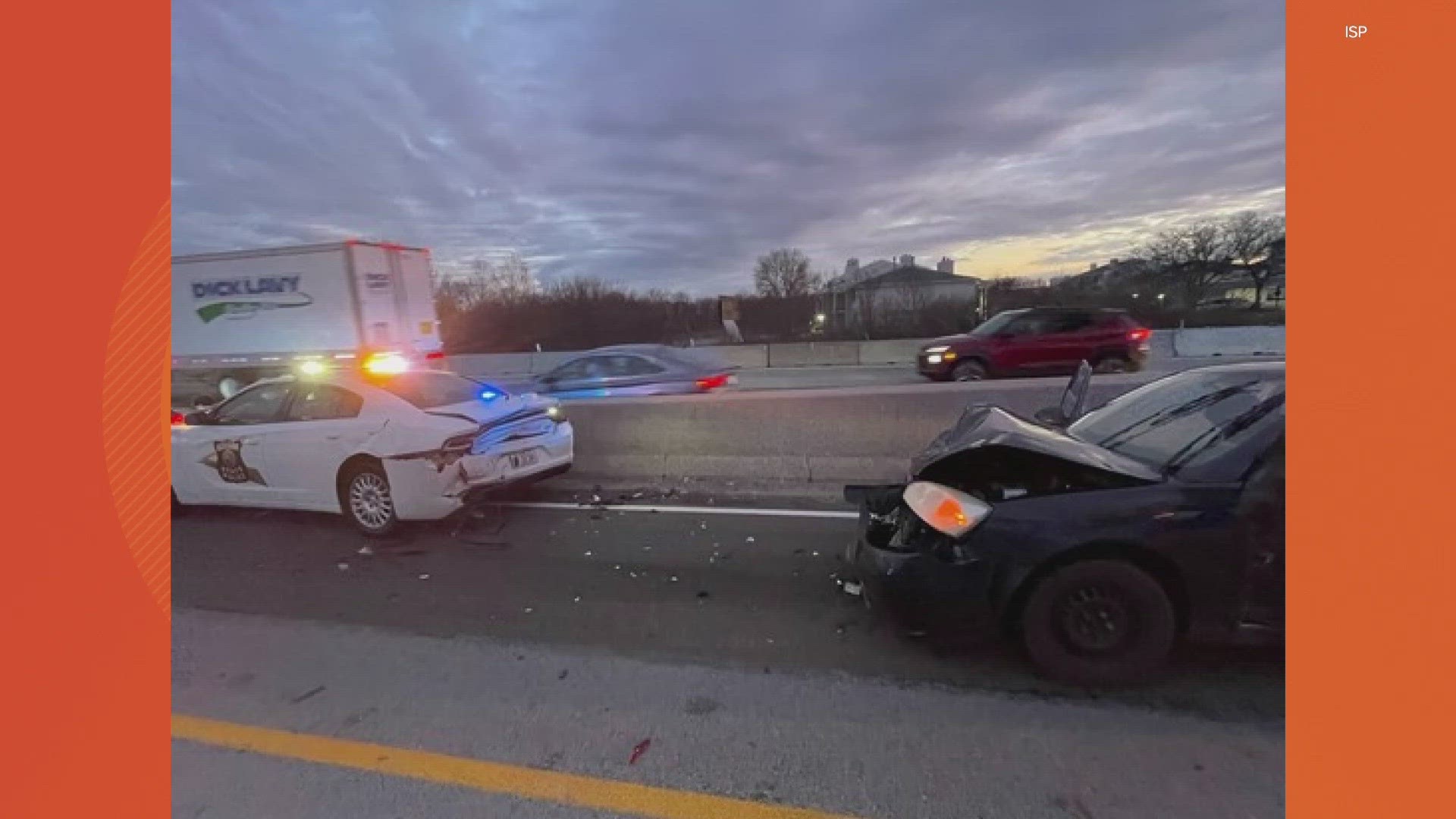 The ISP trooper was helping a driver with a flat tire and was in his car when another vehicle hit him