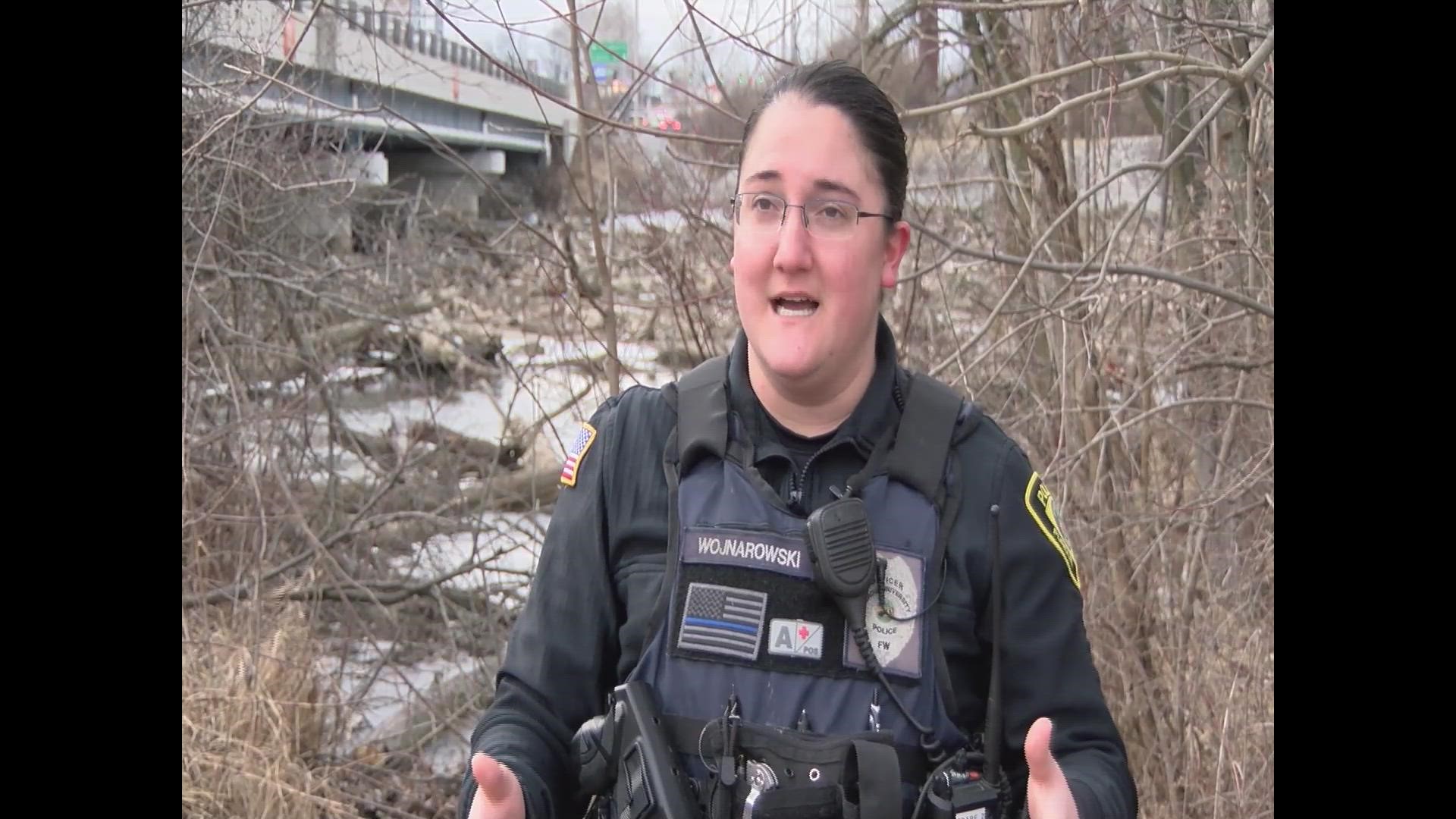 An officer with the Purdue University Fort Wayne Police Department was in the right place at the right time when she rescued a child who had fallen through ice.