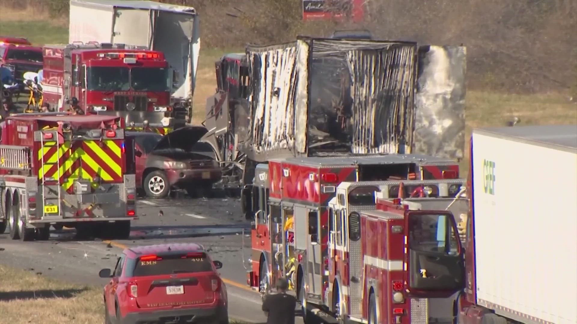 The bus with 54 people on board was carrying students from northern Ohio to an event in Columbus.