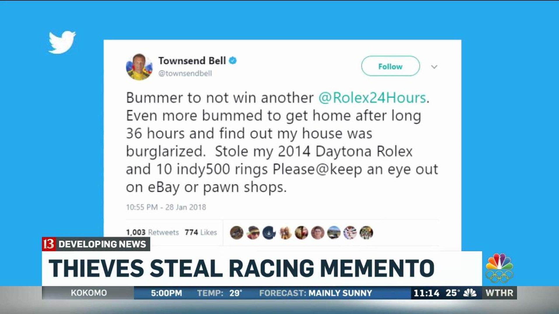 indycar driver townsend bell asks fans to be on lookout for his stolen indy 500 rings wthr com bell wants fans to be on lookout for stolen items