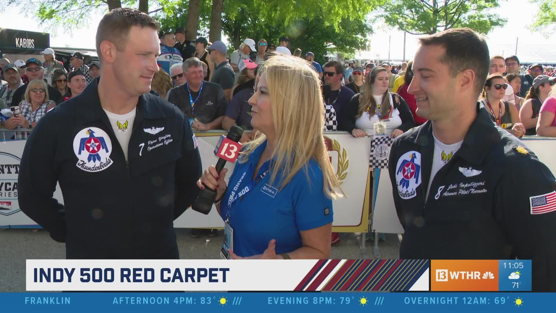 Air Force Thunderbirds visited with Laura Steele on the Red Carpet before their pre-race flyover.