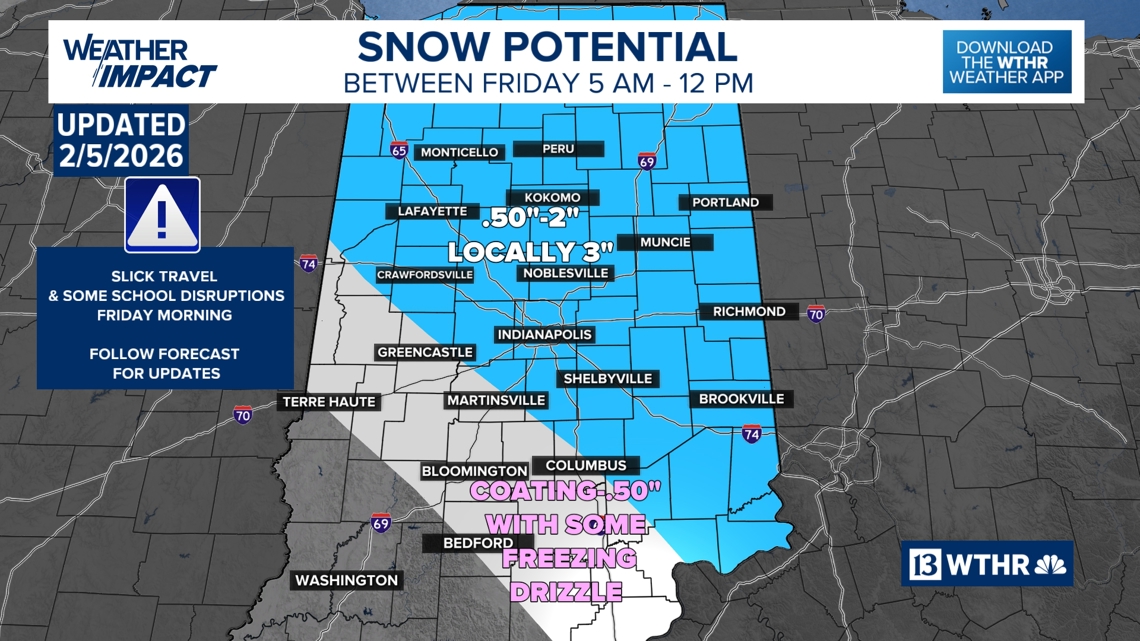 इंडियानाच्या काही भागांमध्ये शुक्रवारी सकाळच्या बर्फाळ प्रवासामध्ये शाळेतील व्यत्ययांचा समावेश असू शकतो | 13 हवामान ब्लॉग