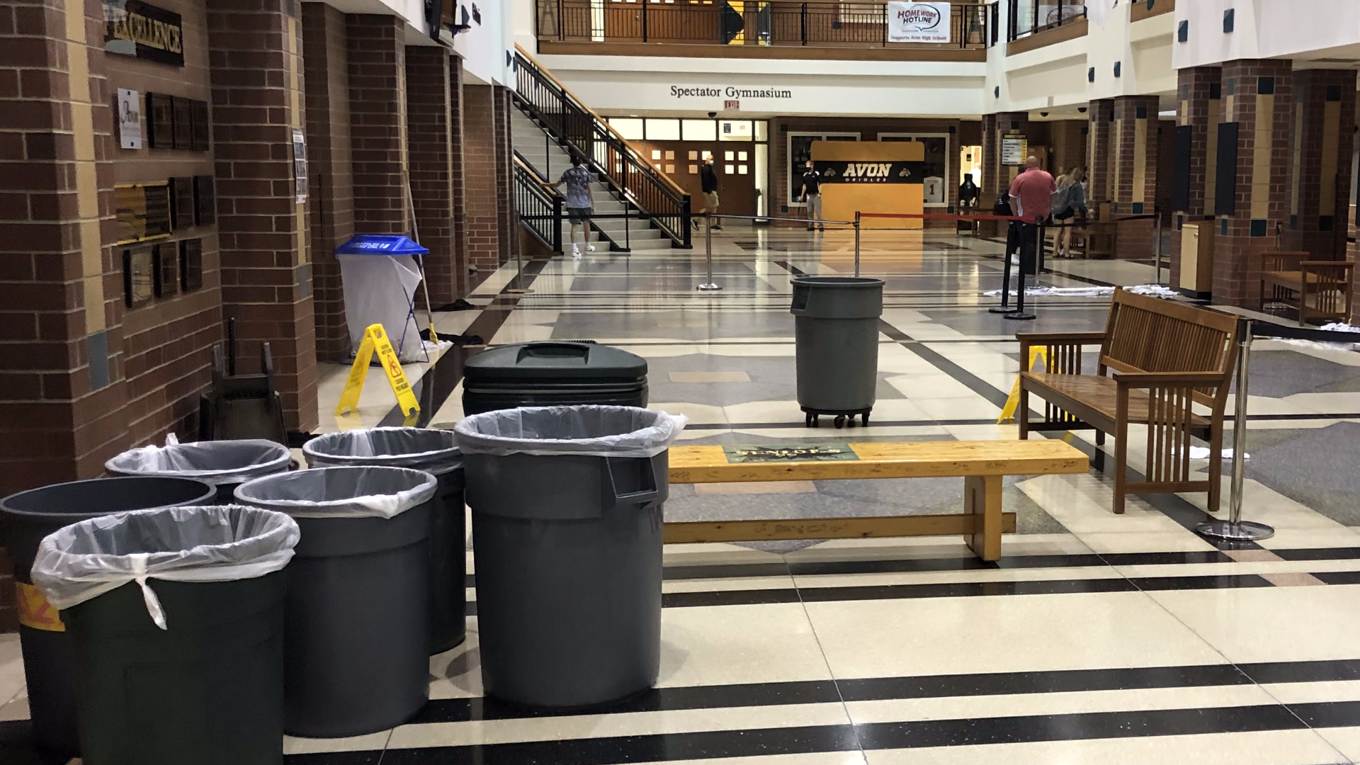 Avon High School had water raining down from the ceiling Wednesday after strong storms passed through central Indiana.