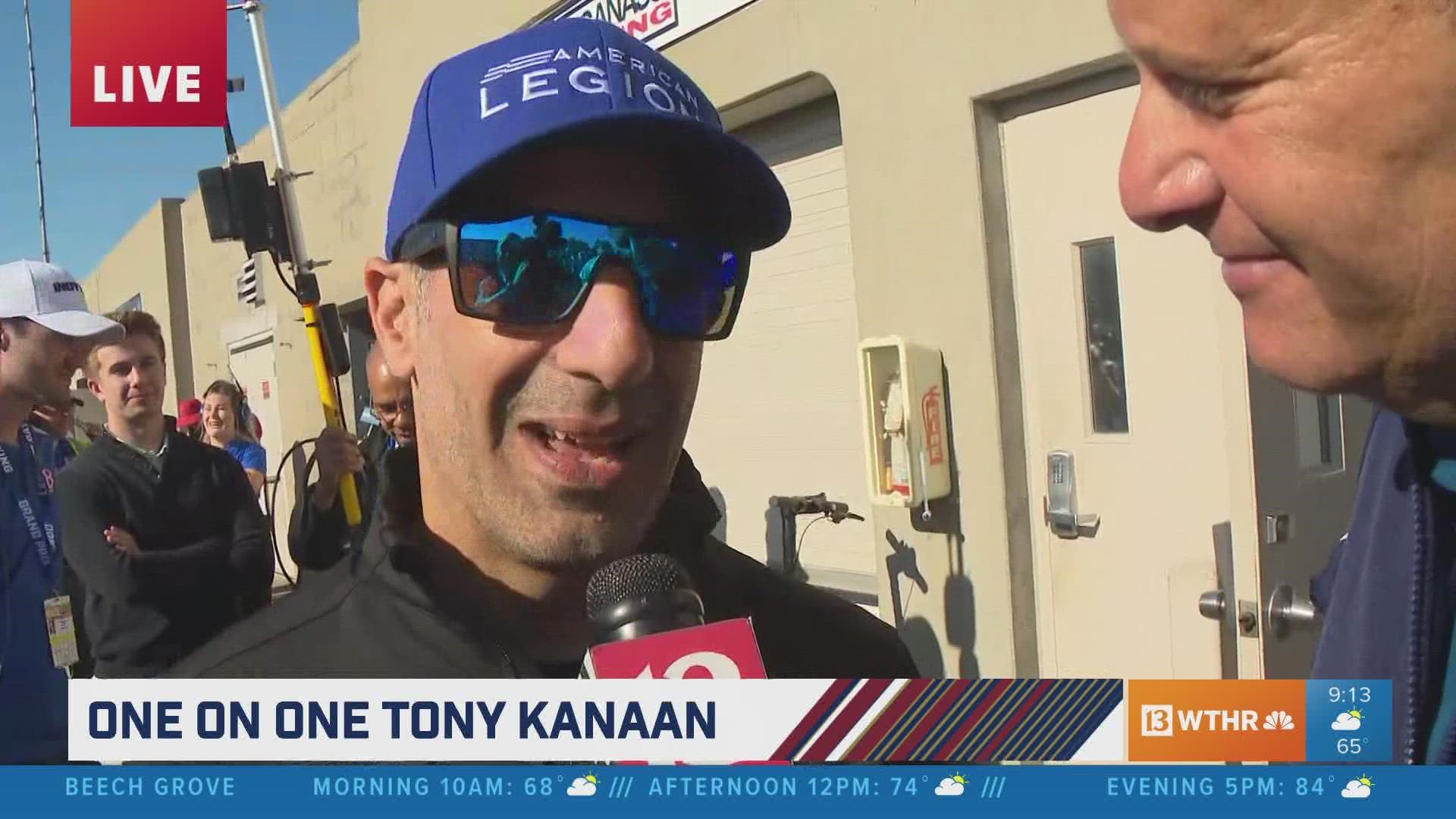 Tony Kanaan visited with Dave Calabro in the garages before his 21st Indy 500 start.