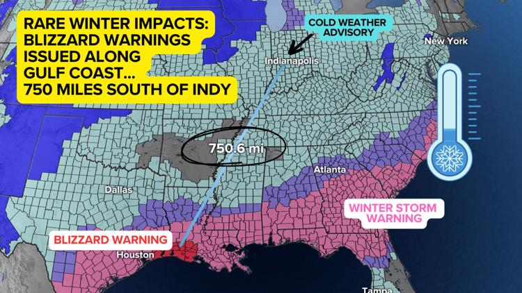 Rare blizzard moves along the Gulf Coast, 750 miles south of Indianapolis | Live Doppler 13 Weather Blog