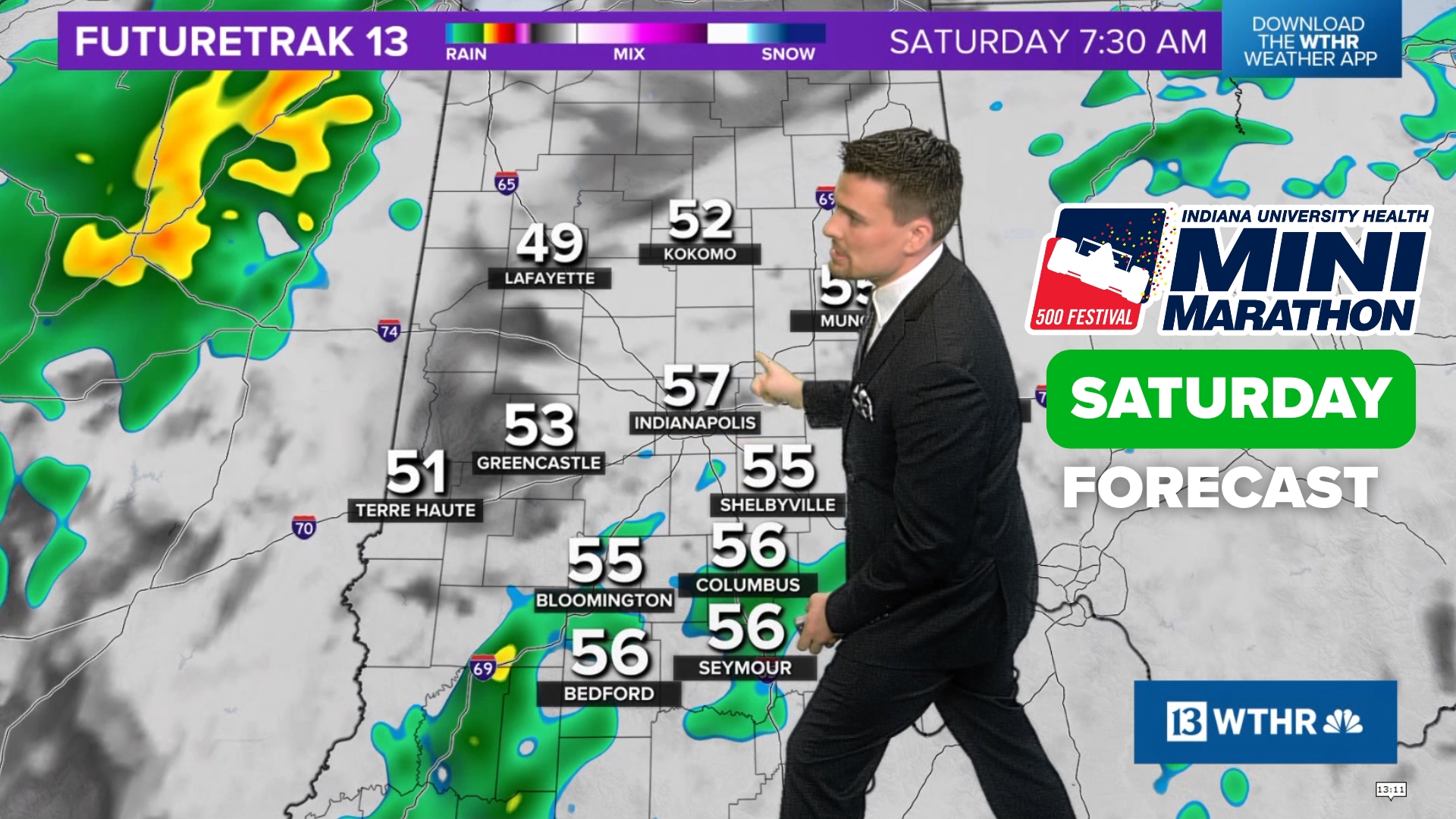 It should be a cloudy and somewhat comfortable start Saturday morning with some 50s. Light rain chances will be increasing through the morning.