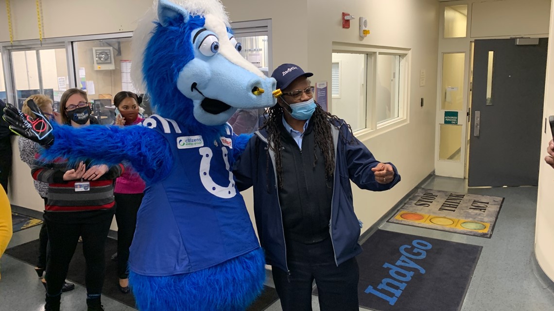 Blue, the Indianapolis Colts mascot, wears a military-themed outfit for  Veterans Day at Lucas Oil Stadium in Indianapolis, Nov. 11, 2018. Blue  engaged in a dance competition with Indiana service members prior