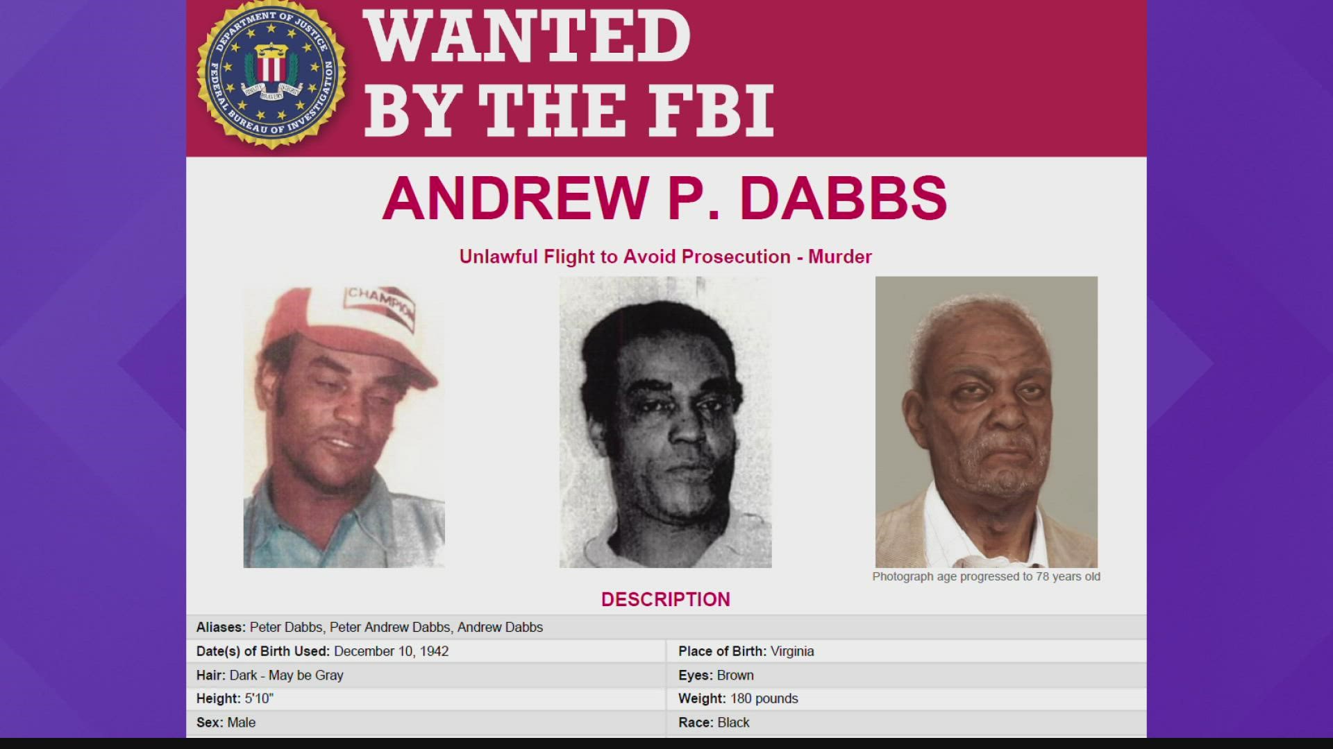 The FBI is offering a reward up to $20,000 for information leading to Andrew P. Dabbs.