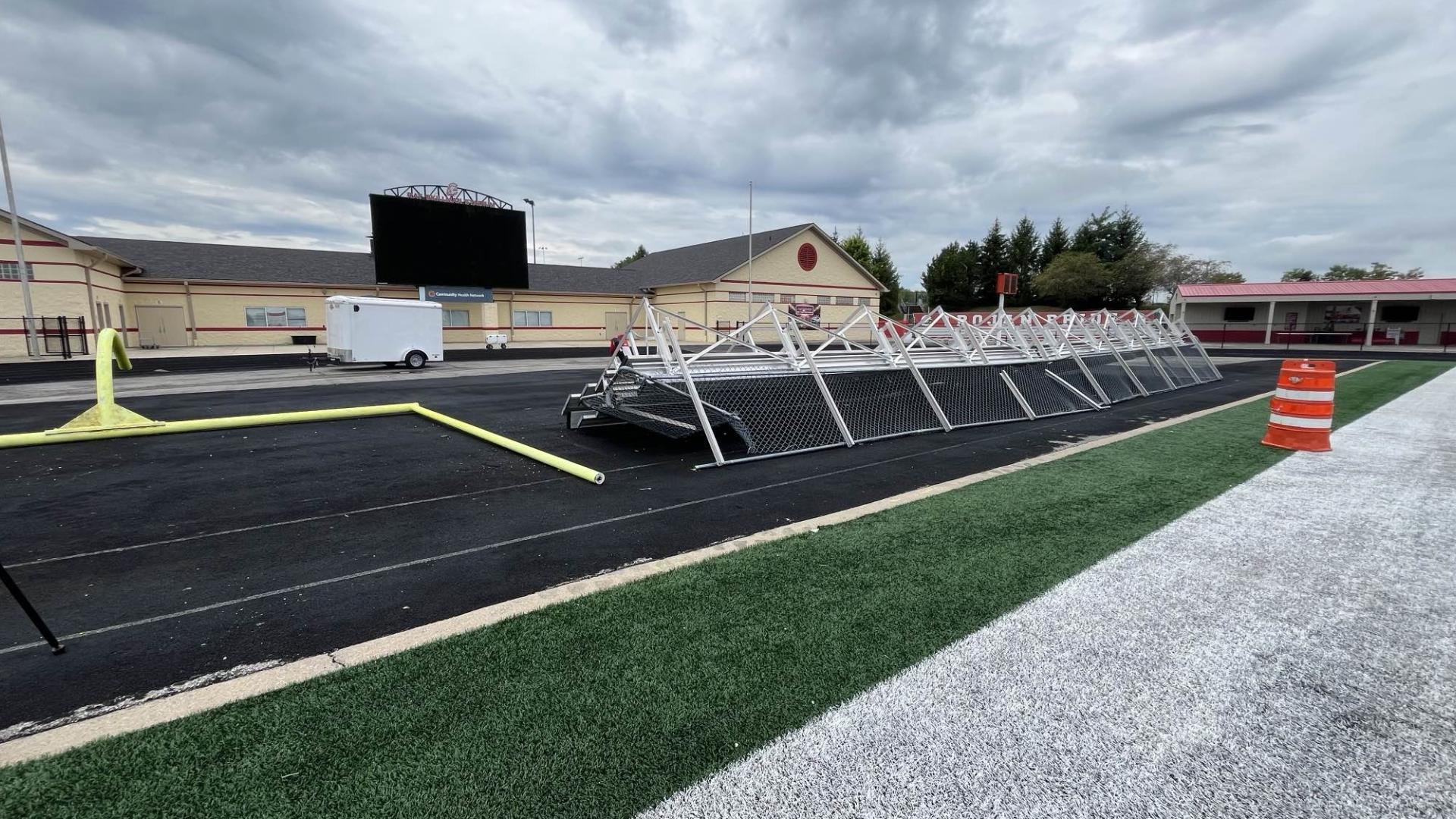 13News reporter Anna Chalker explains how a goal post and bleachers blew over at Ray Skillman Football Stadium.