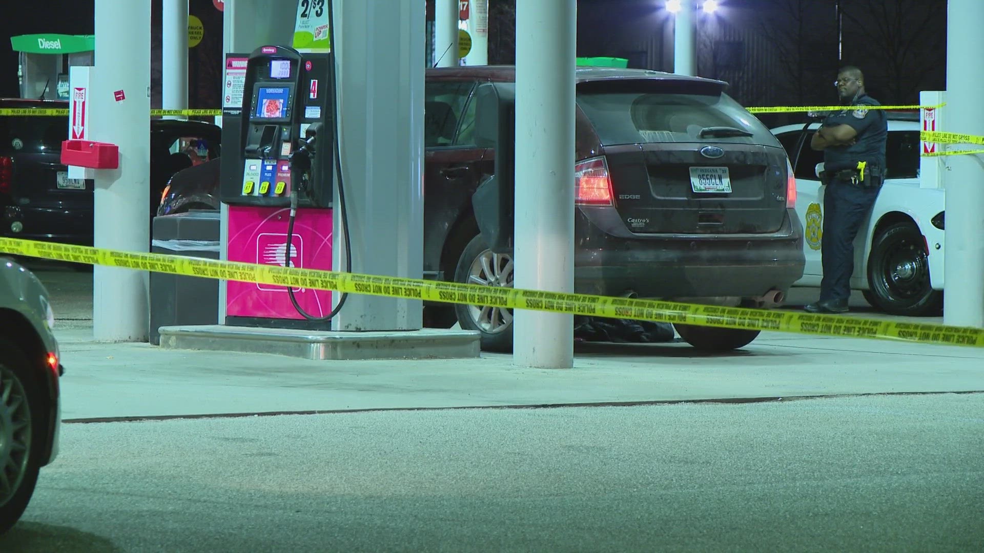 A man found a male victim and got him into this vehicle and took him to this gas station for help.