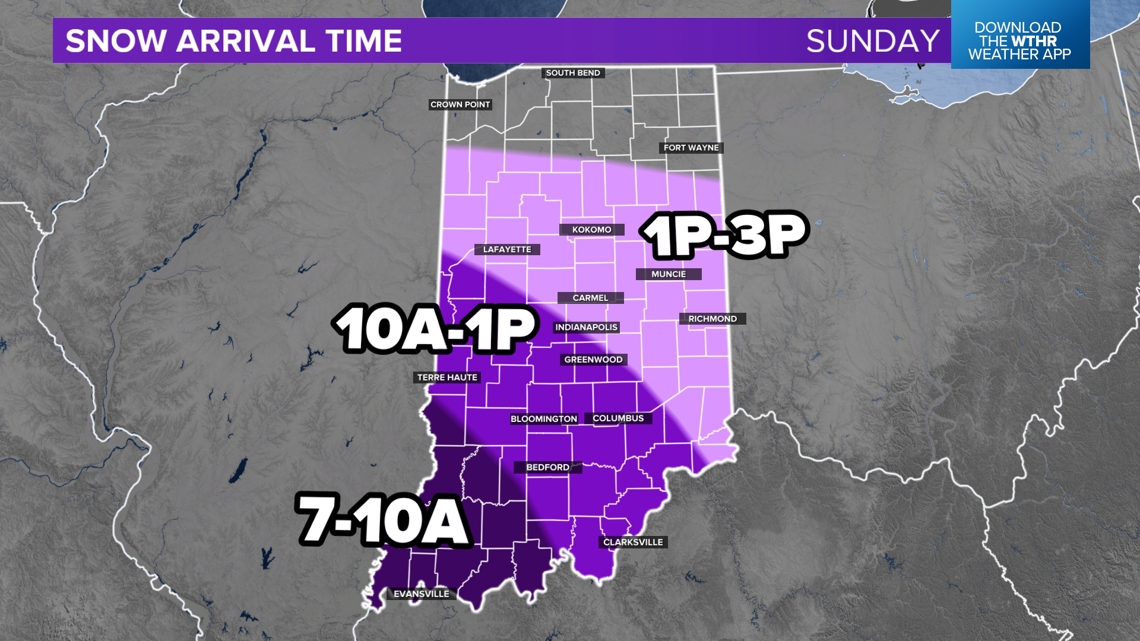 Arrival zones for heavy snow across Indiana on Sunday