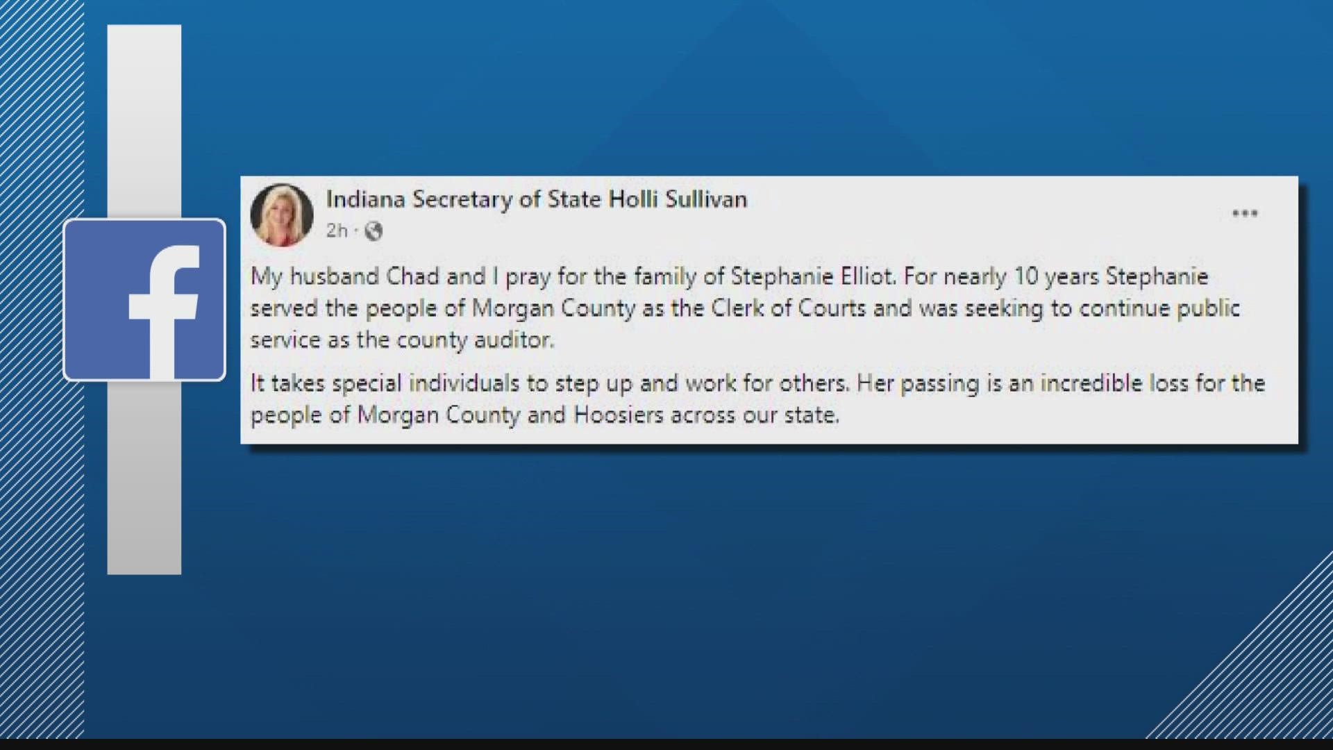 Indiana Secretary of State Holli Sullivan offered her condolences after Morgan County Clerk Stephanie Elliot died and her husband was critically injured in a crash.