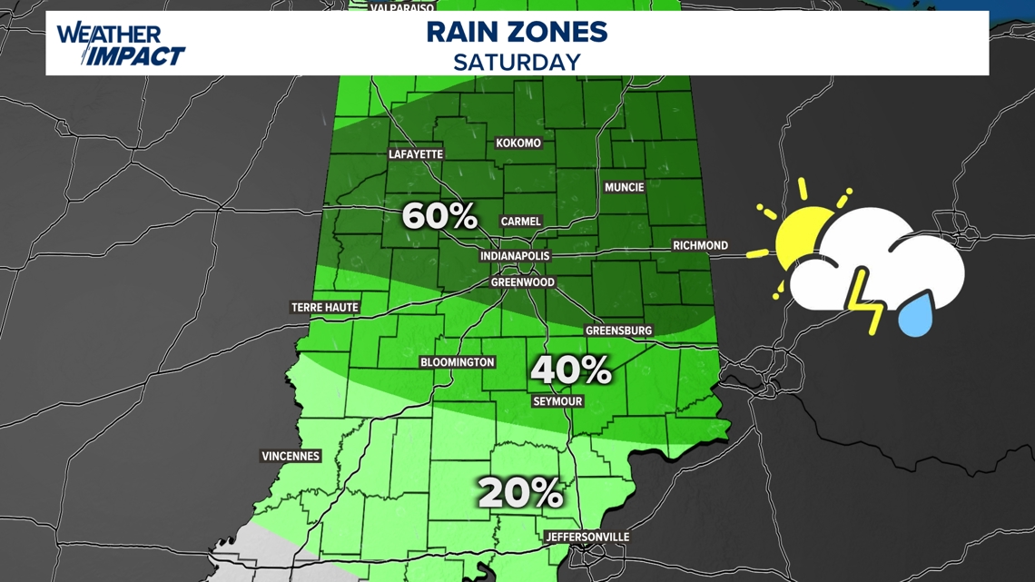 Rain and storm chances gradually moving into Indiana | Rain zones through the weekend