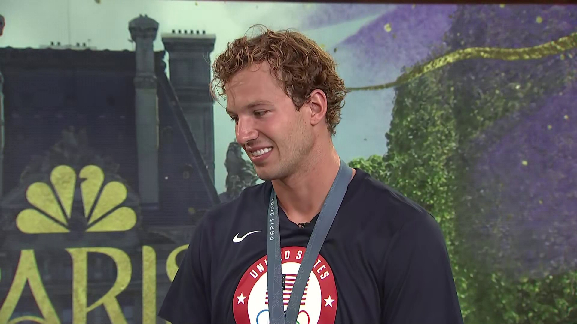 Carmel swimmer Drew Kibler spoke with 13News anchor Anne Marie Tiernon after he won silver in the Men's 4x200m freestyle relay.