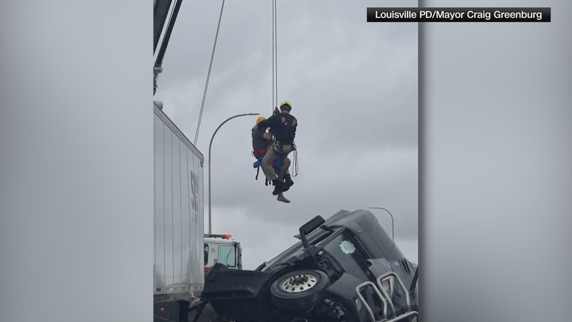 It took crews about 30 minutes to reach the driver, get him a harness and pull him to safety.