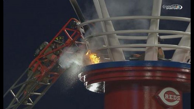 Smoke Stack catchs fire at Great American Ball Park during the game