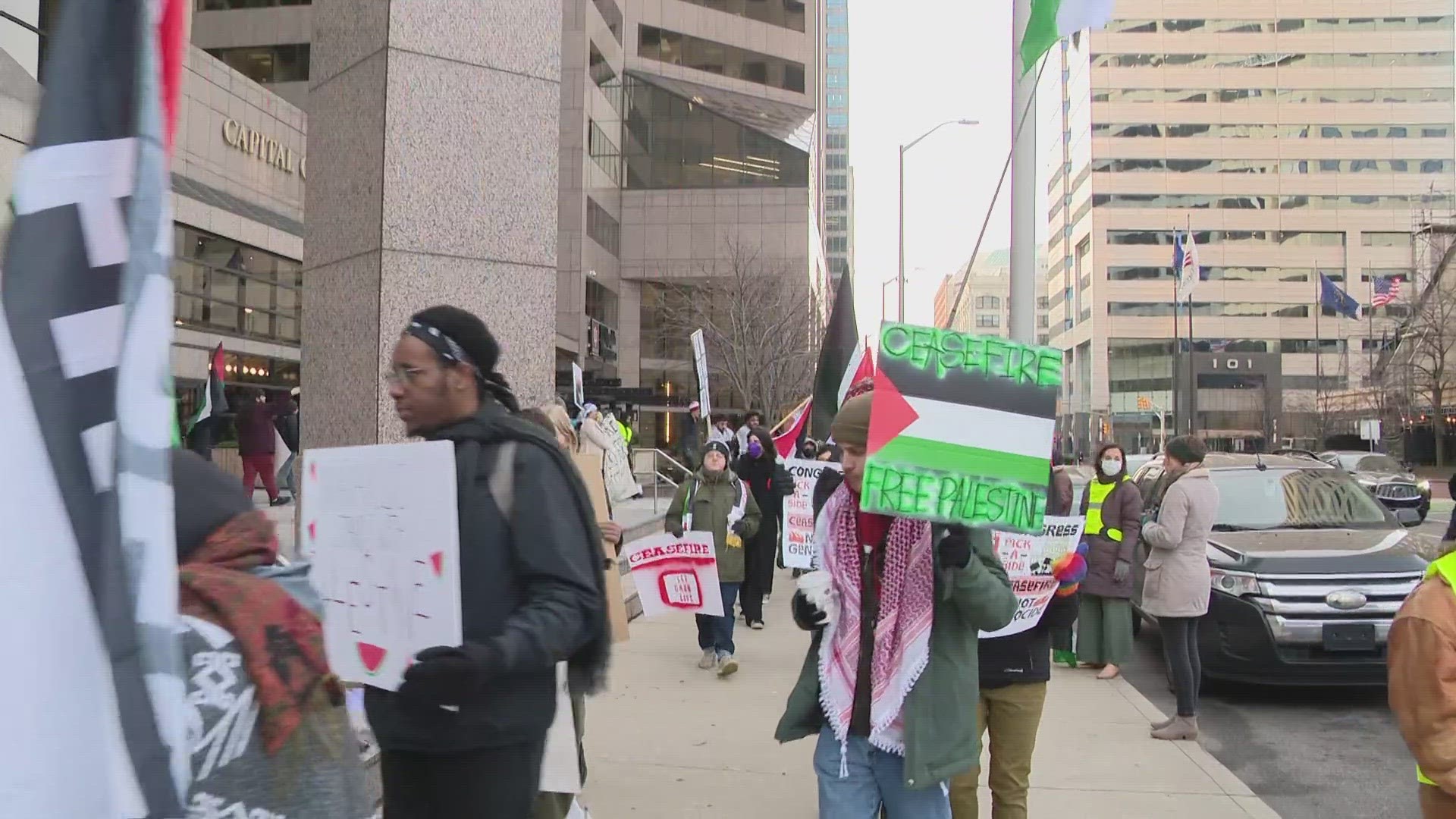 Indy's "Jewish Voice for Peace" marched to Senator Todd Young's office today... demanding a ceasefire.