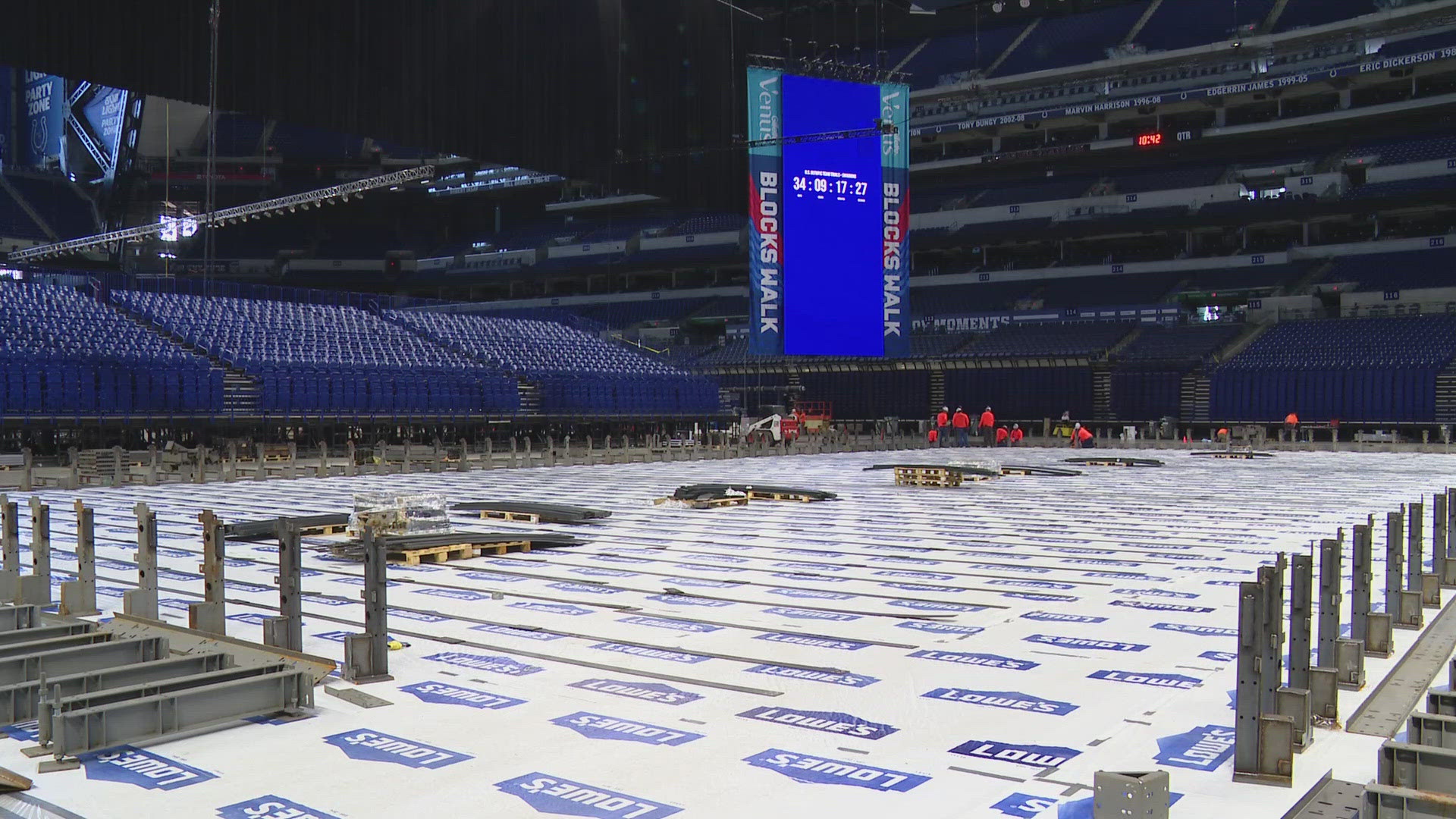 Crews have been installing LED lighting in the ceiling at Lucas Oil. Then workers will build the pools and deck and install plumbing and a filtration system.