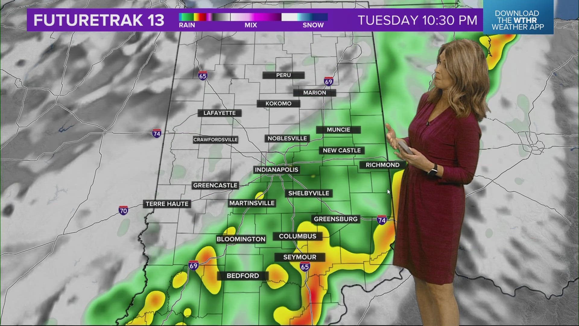 13News meteorologist Angela Buchman is tracking the rain across central Indiana as the polls near their closing time.