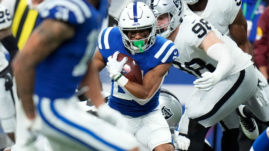 Las Vegas Raiders linebacker Divine Deablo (5) breaks up a pass intended  for Indianapolis Colts wide receiver Ashton Dulin (16) during the first  half of an NFL football game, Sunday, Jan. 2