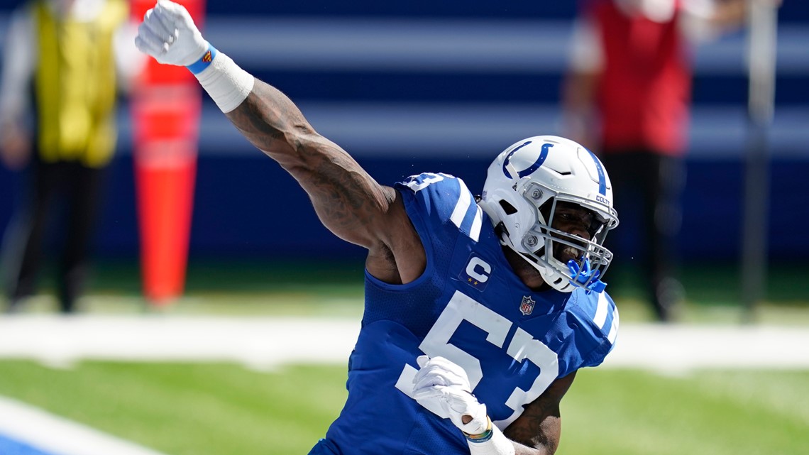 Indianapolis Colts outside linebacker Darius Leonard (53) celebrates a play  during an NFL football game between