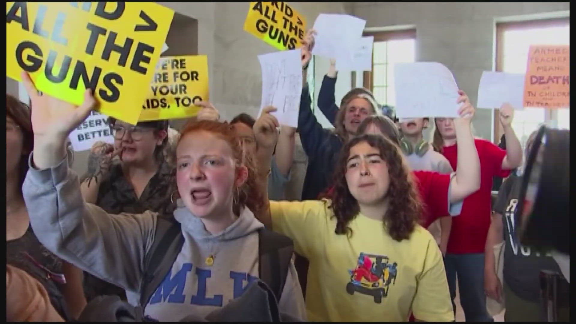 Students gathered at the Tennessee state capitol to protest a bill allowing teachers to carry guns inside schools.