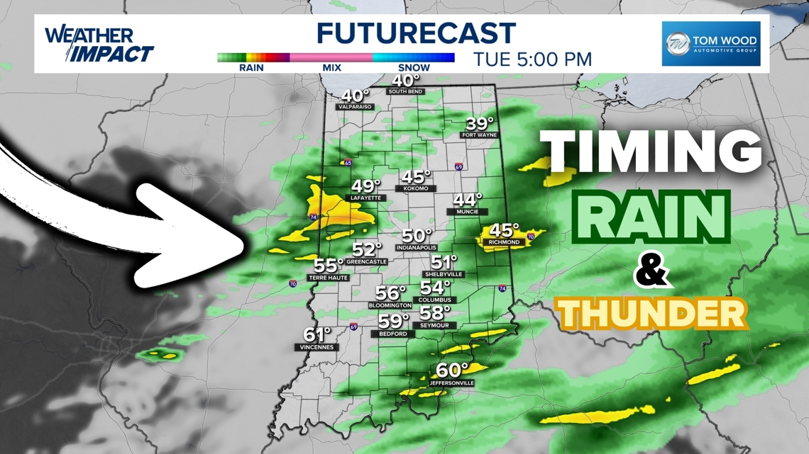 Cold rain and thunder tracking across Indiana | Tuesday Rain Zones
