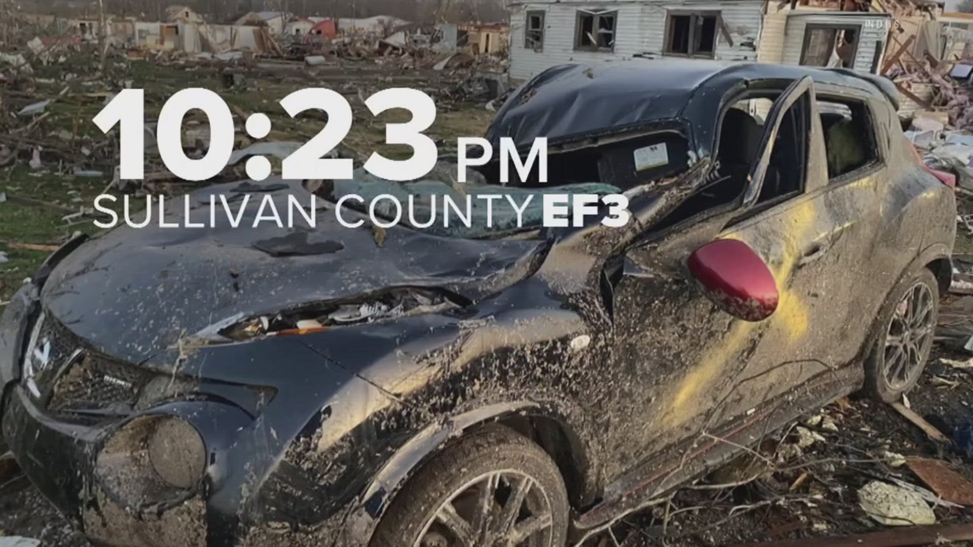 The first tornado touched down in Sullivan County at 10:23 p.m.