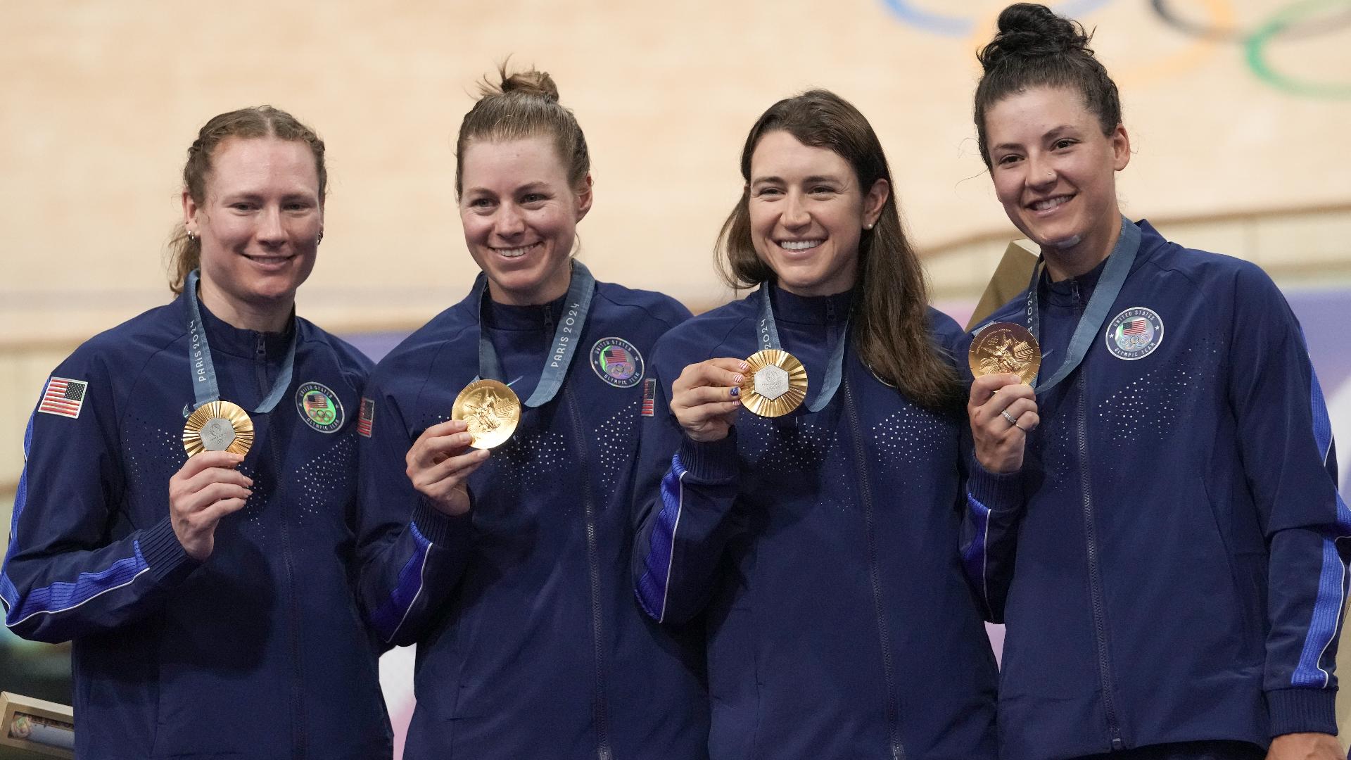 United States' Chloé Dygert, Lily Williams, Jennifer Valente and Kristen Faulkner win gold in the women's team pursuit event at the 2024 Summer Olympics.