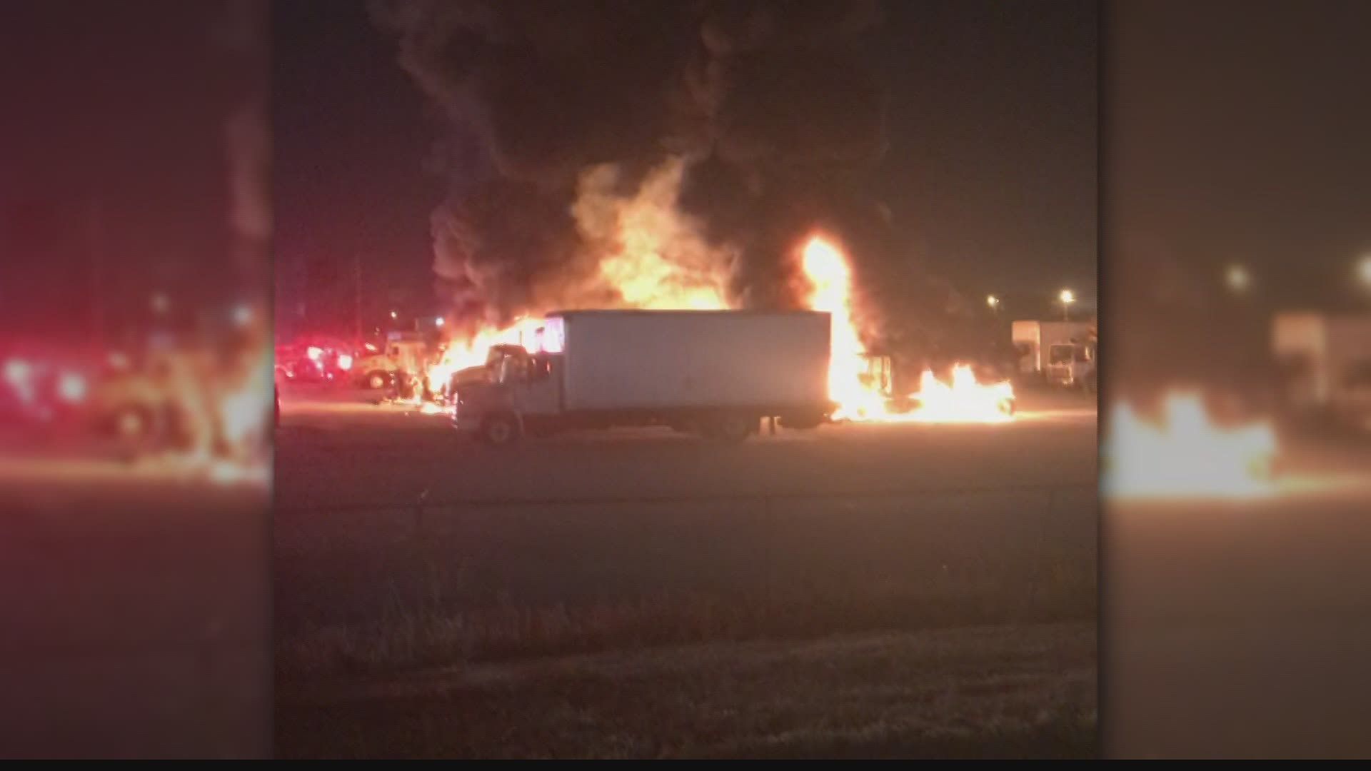 More than a dozen trucks on the M&K lot were damaged by an overnight fire.